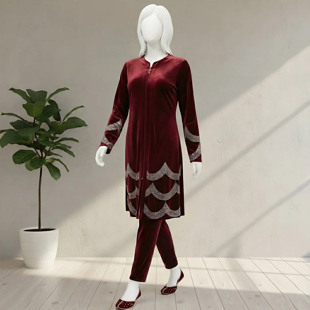 Maroon - Velvet Co-Ord with Intricate Stone Work