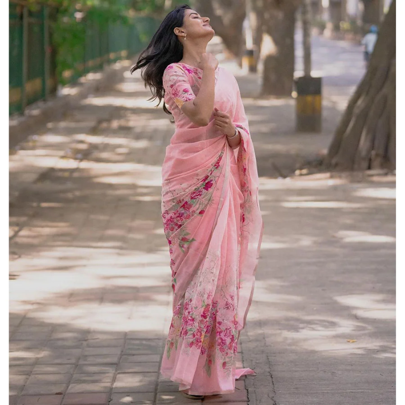 Exquisite Floral Printed Pink Sharee