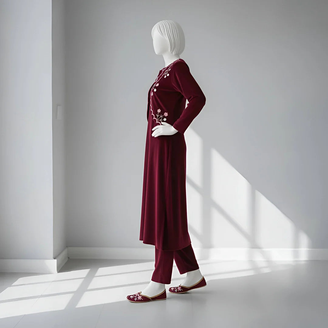 Maroon - Half Jacket Velvet Co-Ord Set
