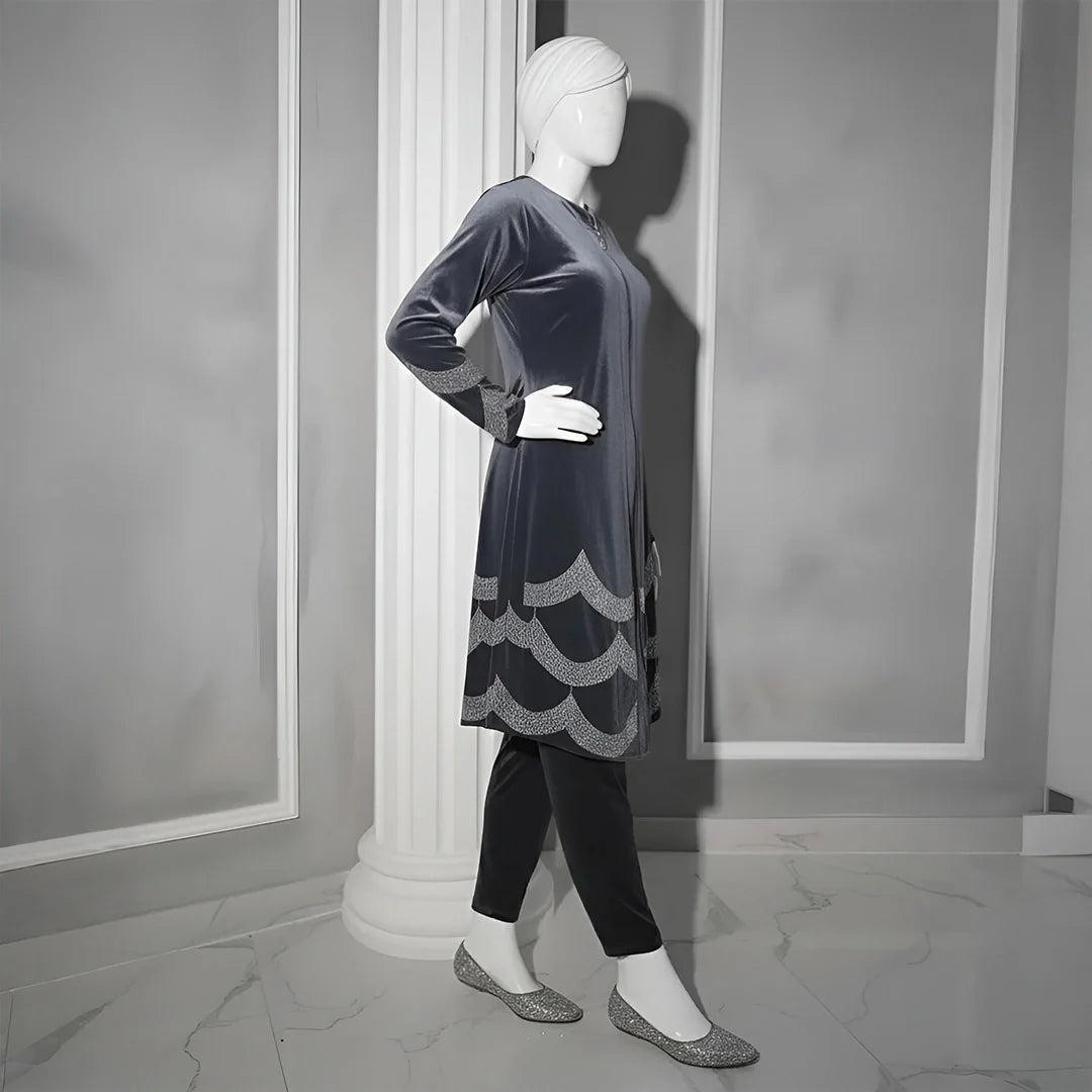 Grey - Velvet Co-Ord with Intricate Stone Work