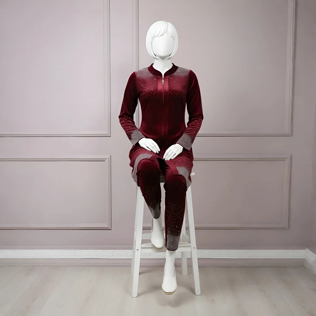 Premium Maroon Velvet Co-Ord with Stone Detailing