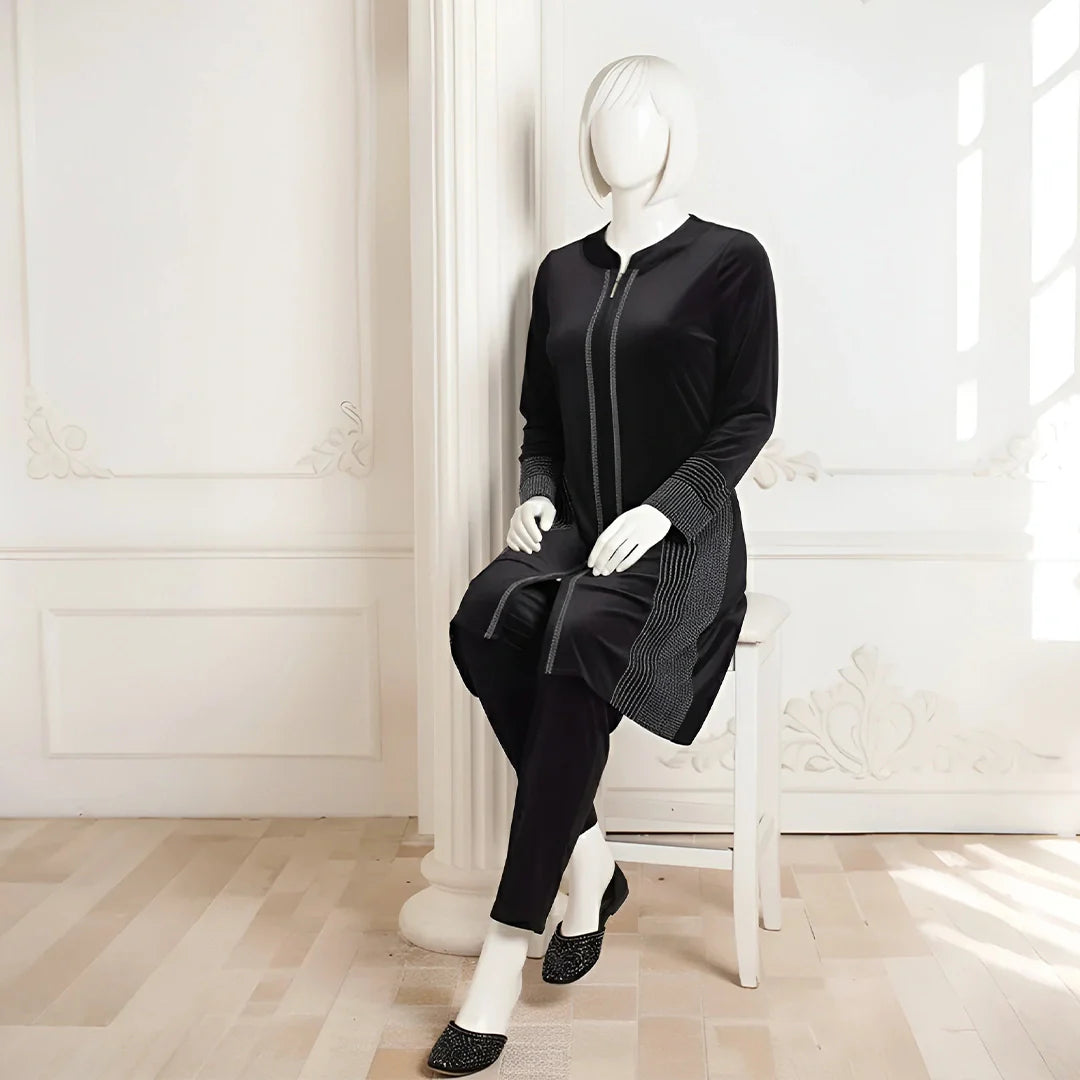 Black - Attractive Stone Work Velvet Co-Ord Set