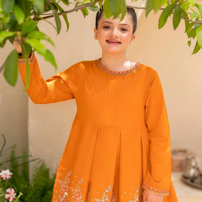 Orange Cotton Floral Embroidered Gharara Suit