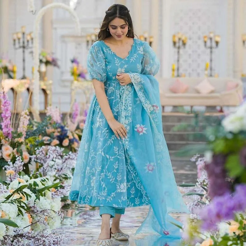 Sky Blue Organza Suit Set With Embroidery Work