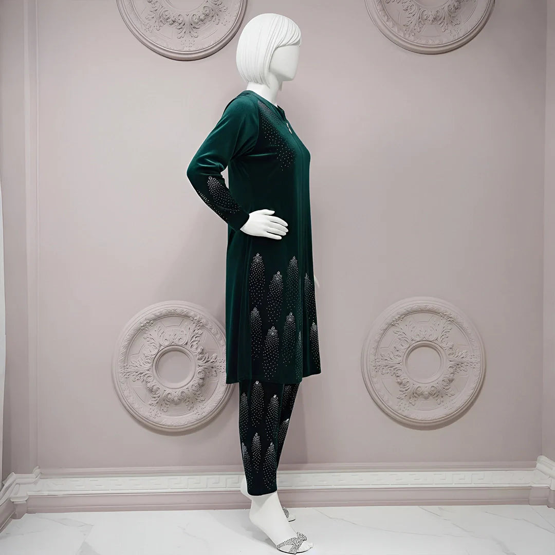 Sea Green - Velvet Co-Ord Set with Stone Detailing