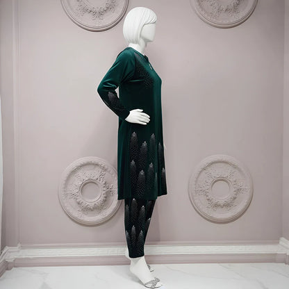 Sea Green - Velvet Co-Ord Set with Stone Detailing