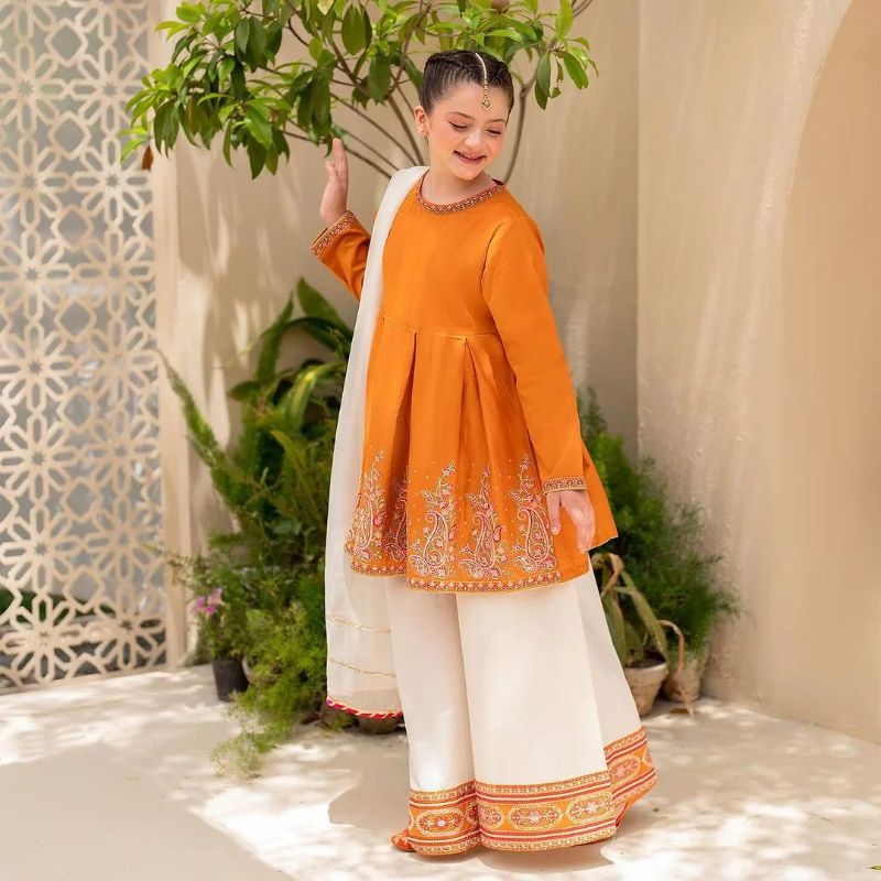 Orange Cotton Floral Embroidered Gharara Suit