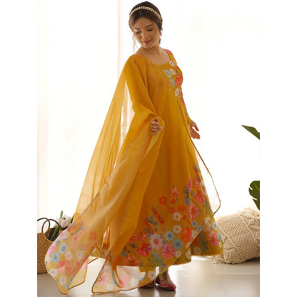 Digitally Floral Printed Yellowish Orange Soft Organza Anarkali Suit