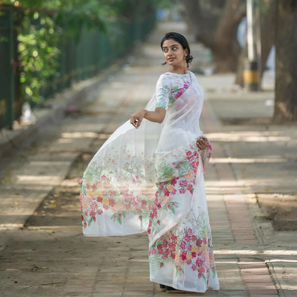 Exquisite Floral Printed White Sharee