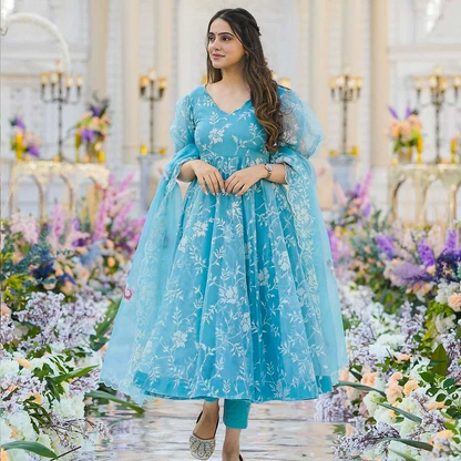 Sky Blue Organza Suit Set With Embroidery Work