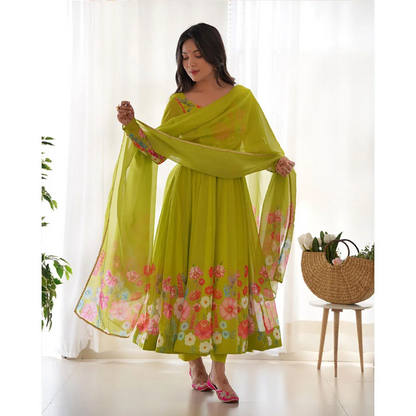 Digitally Floral Printed Neon Soft Organza Anarkali Suit