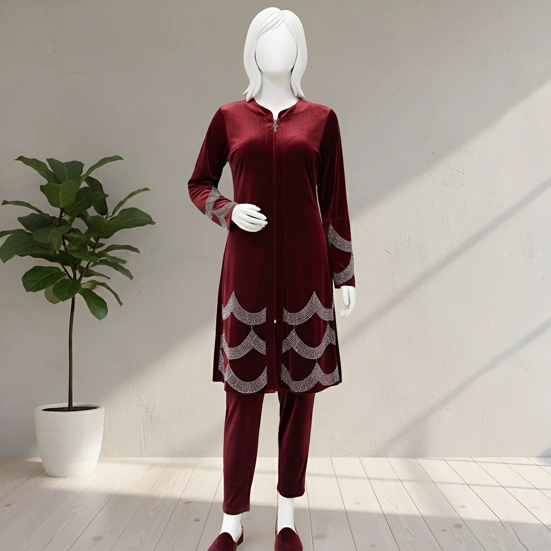 Maroon - Velvet Co-Ord with Intricate Stone Work