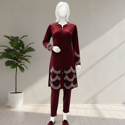 Maroon - Velvet Co-Ord with Intricate Stone Work