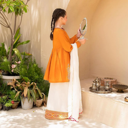 Orange Cotton Floral Embroidered Gharara Suit