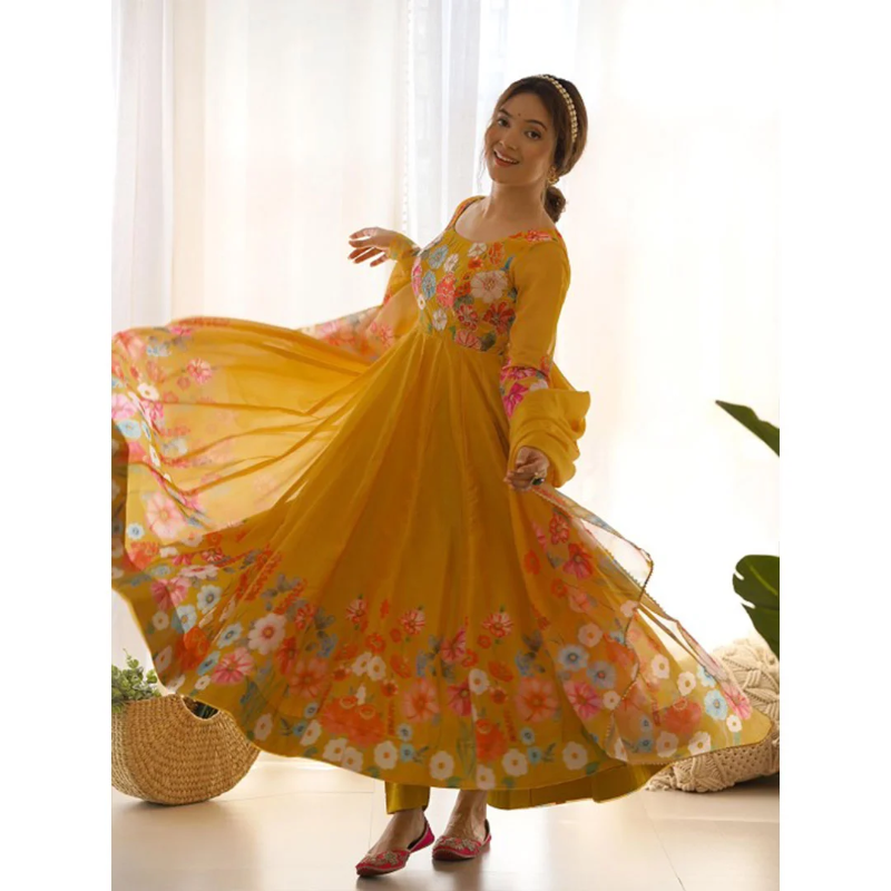 Digitally Floral Printed Yellowish Orange Soft Organza Anarkali Suit