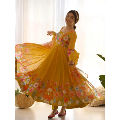 Digitally Floral Printed Yellowish Orange Soft Organza Anarkali Suit