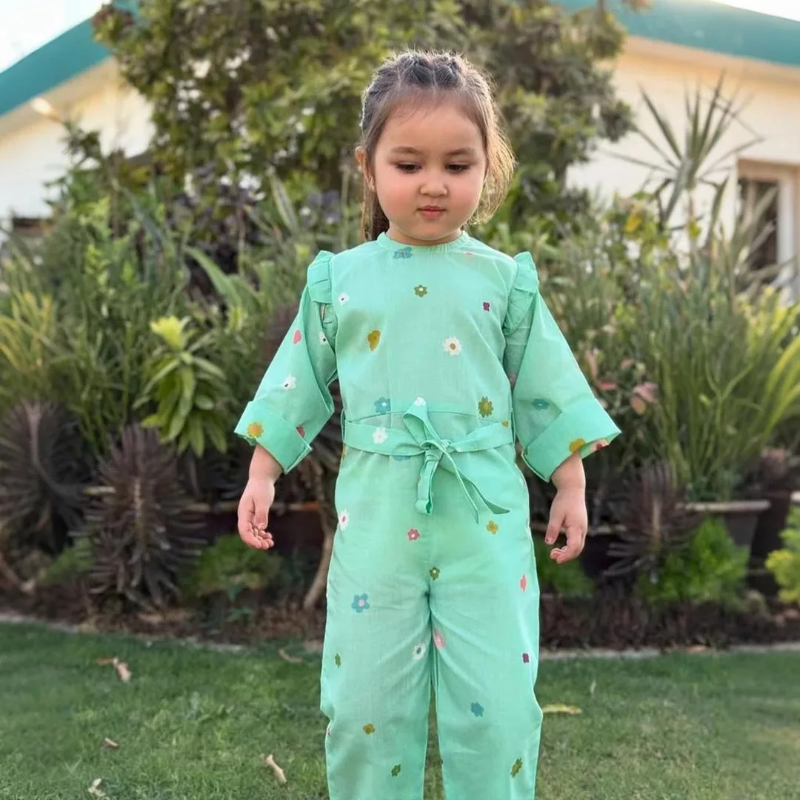 Cyan - Floral Print Kids Jumpsuit