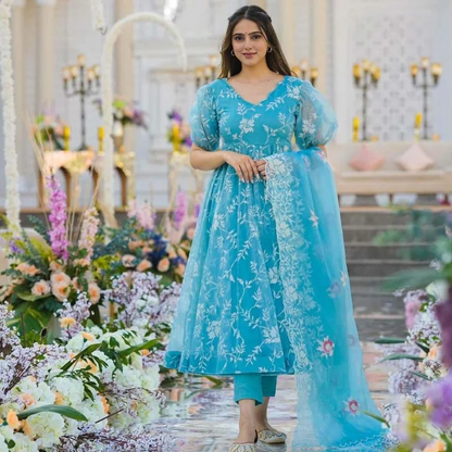 Sky Blue Organza Suit Set With Embroidery Work