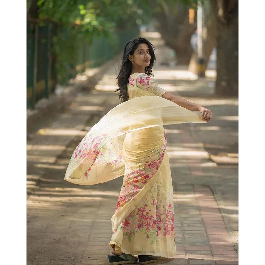 Exquisite Floral Printed White Sharee