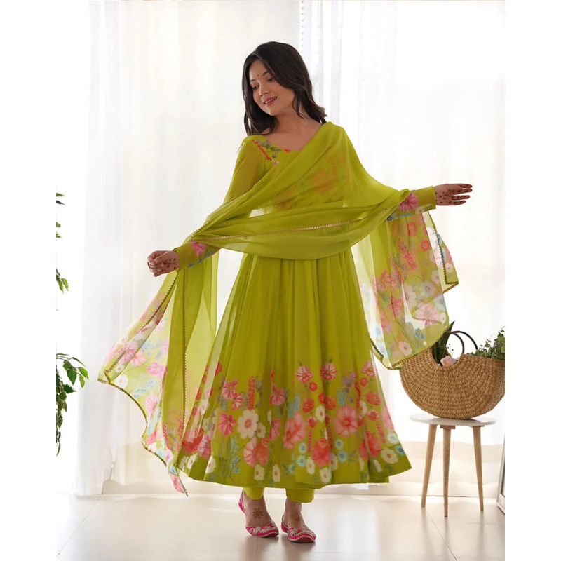 Digitally Floral Printed Neon Soft Organza Anarkali Suit