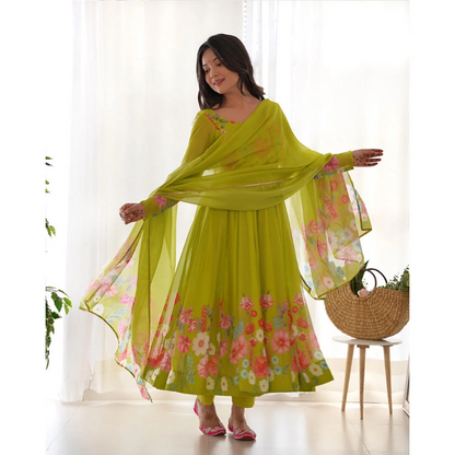 Digitally Floral Printed Neon Soft Organza Anarkali Suit