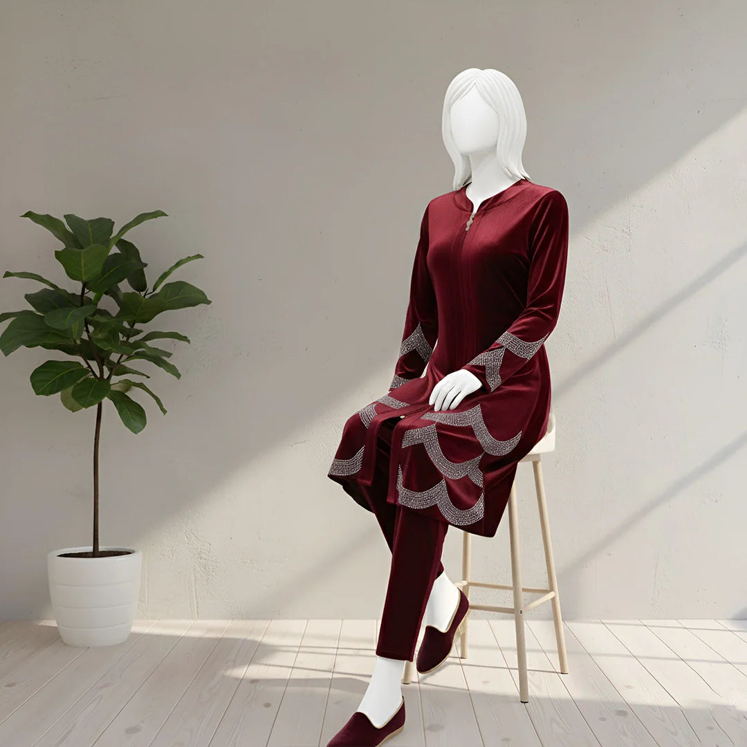 Maroon - Velvet Co-Ord with Intricate Stone Work