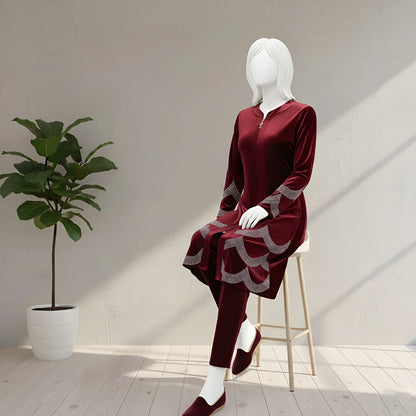 Maroon - Velvet Co-Ord with Intricate Stone Work