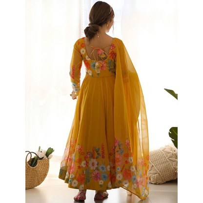 Digitally Floral Printed Yellowish Orange Soft Organza Anarkali Suit