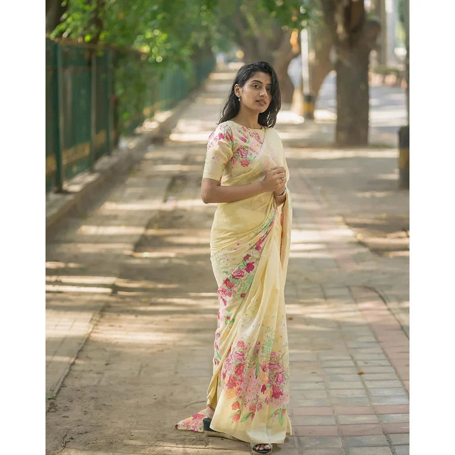 Exquisite Floral Printed White Sharee