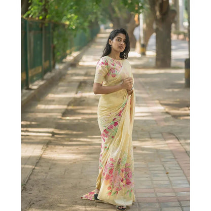 Exquisite Floral Printed White Sharee