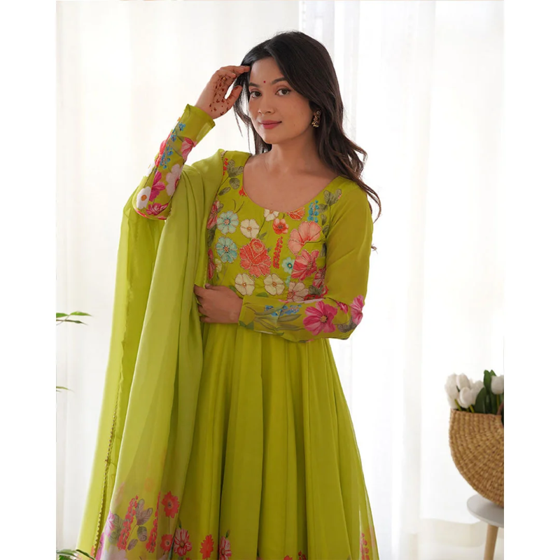 Digitally Floral Printed Neon Soft Organza Anarkali Suit