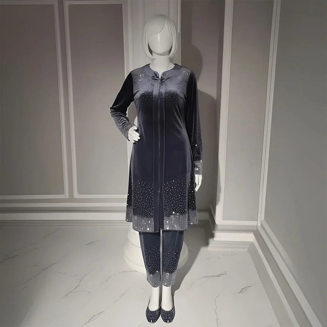 Premium Grey Velvet Co-Ord with Stone Detailing