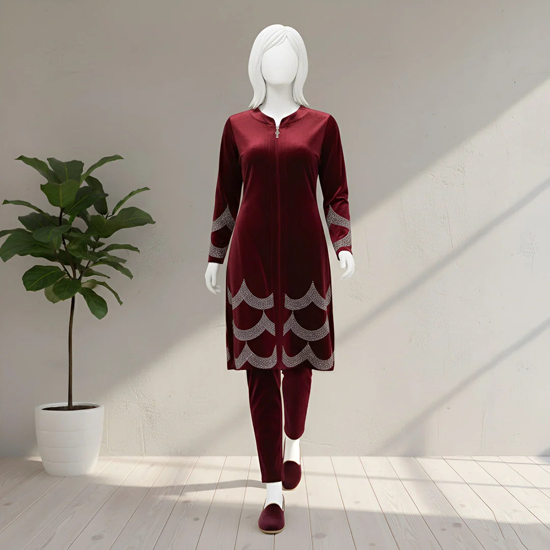 Maroon - Velvet Co-Ord with Intricate Stone Work