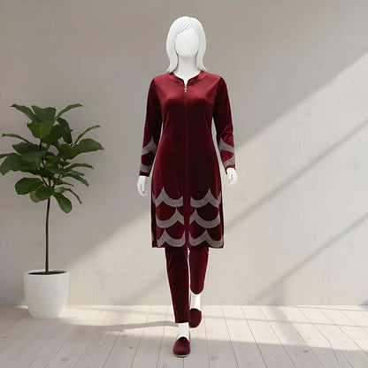 Maroon - Velvet Co-Ord with Intricate Stone Work