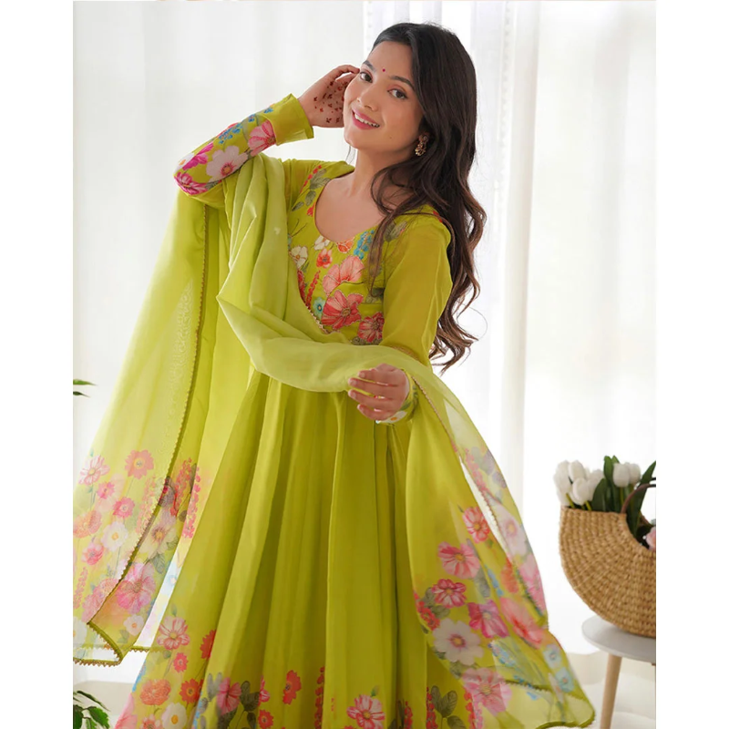 Digitally Floral Printed Neon Soft Organza Anarkali Suit