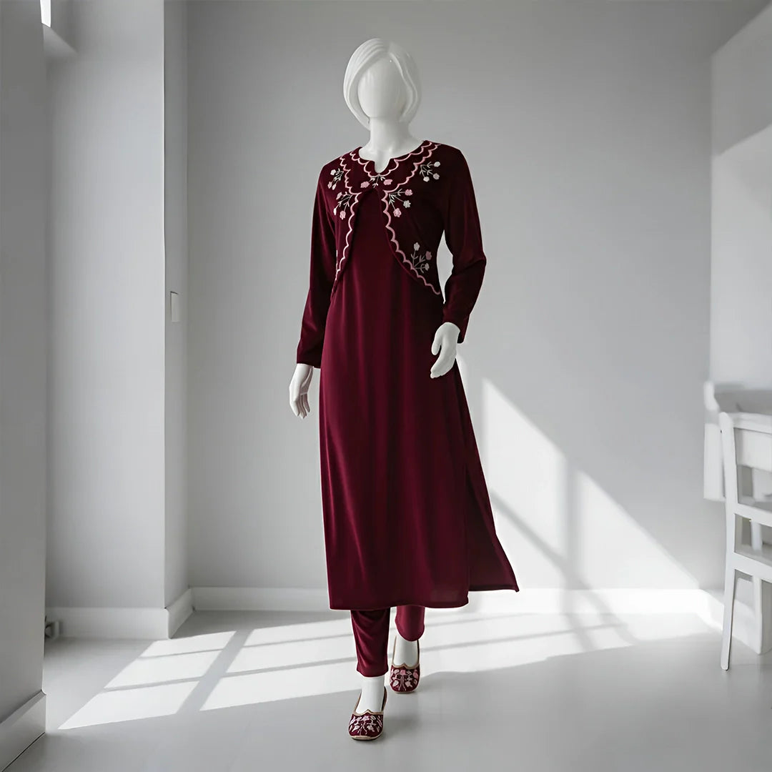 Maroon - Half Jacket Velvet Co-Ord Set