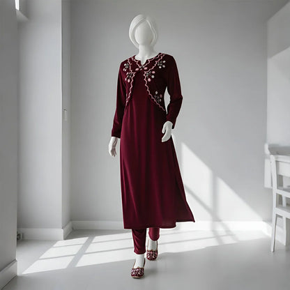 Maroon - Half Jacket Velvet Co-Ord Set