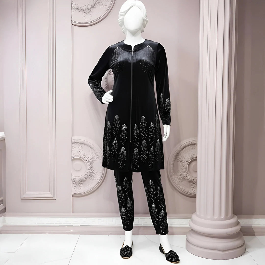 Black - Velvet Co-Ord Set with Stone Detailing