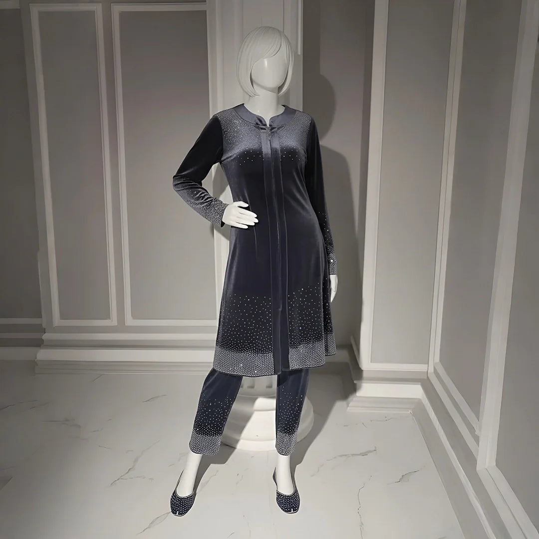 Premium Grey Velvet Co-Ord with Stone Detailing