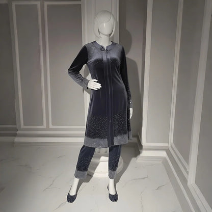 Premium Grey Velvet Co-Ord with Stone Detailing