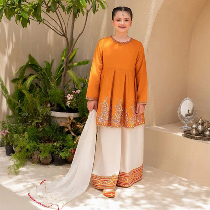 Orange Cotton Floral Embroidered Gharara Suit