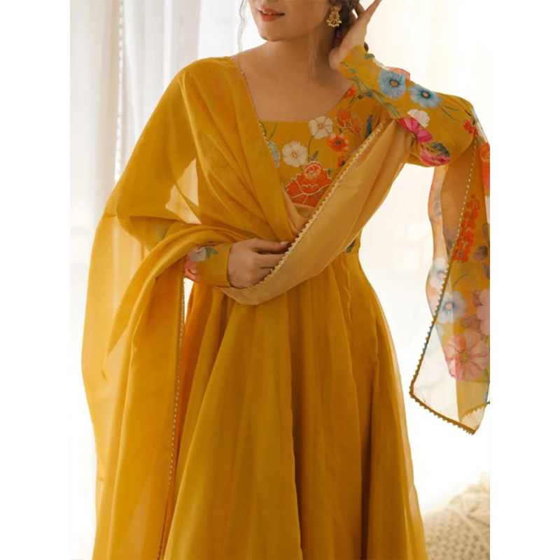 Digitally Floral Printed Yellowish Orange Soft Organza Anarkali Suit