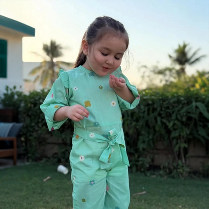 Cyan - Floral Print Kids Jumpsuit
