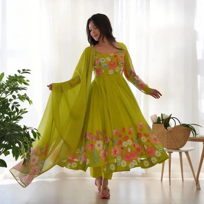 Digitally Floral Printed Neon Soft Organza Anarkali Suit
