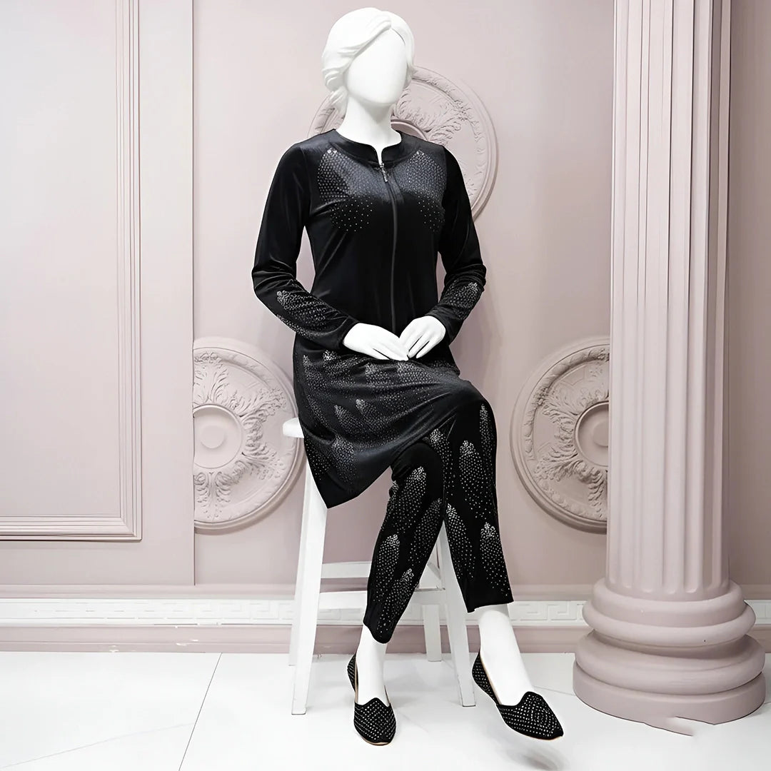 Black - Velvet Co-Ord Set with Stone Detailing