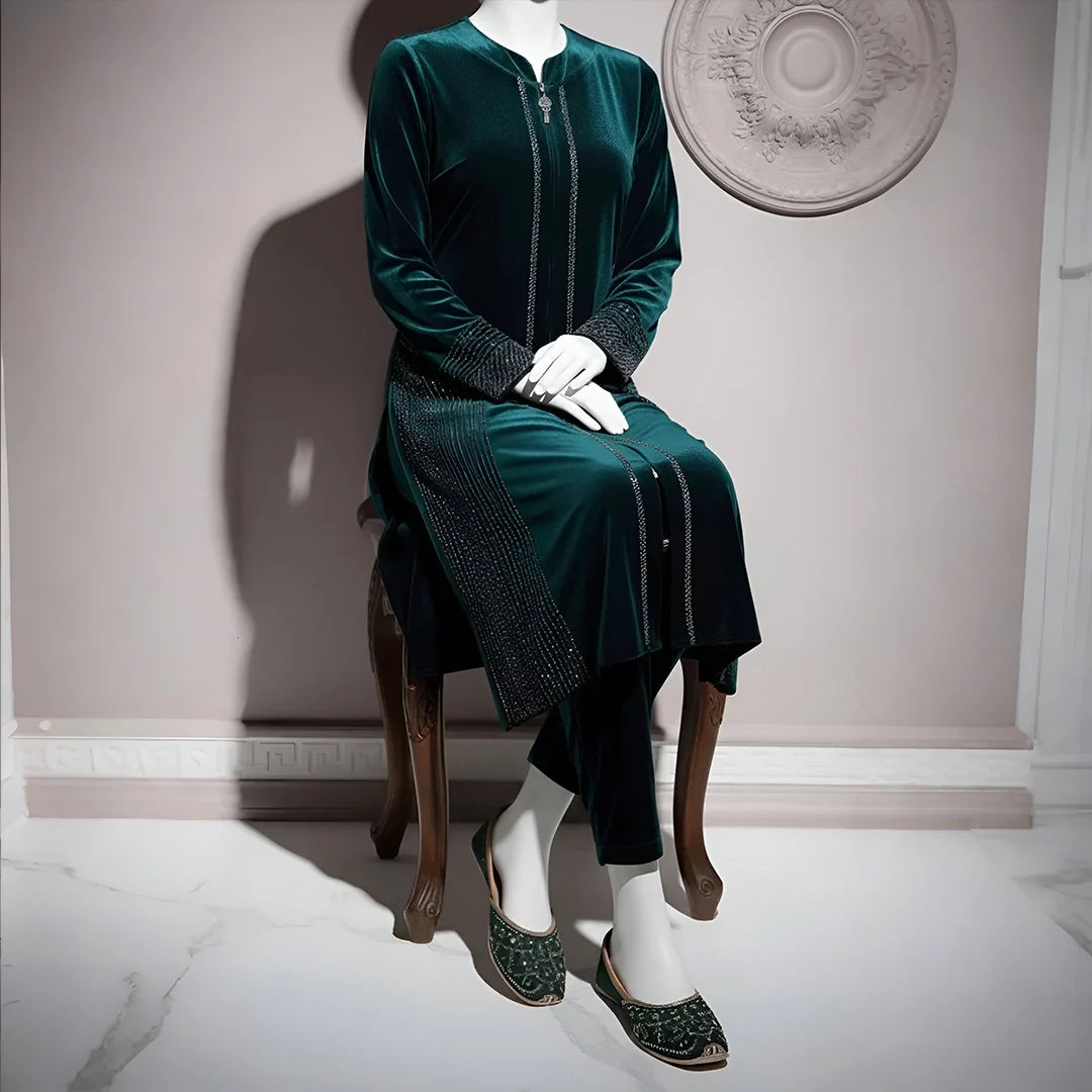 Sea Green - Attractive Stone Work Velvet Co-Ord Set