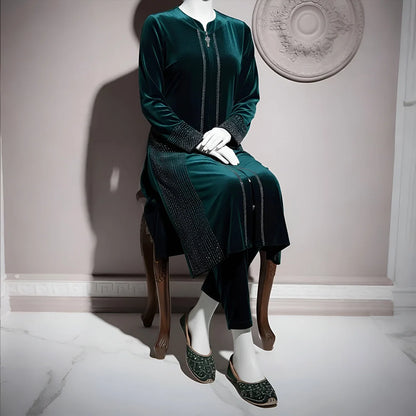 Sea Green - Attractive Stone Work Velvet Co-Ord Set