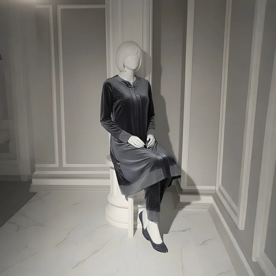 Premium Grey Velvet Co-Ord with Stone Detailing