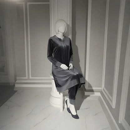 Premium Grey Velvet Co-Ord with Stone Detailing