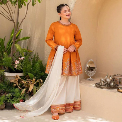 Orange Cotton Floral Embroidered Gharara Suit